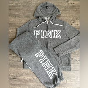 PINK Victoria’s Secret Hoodie Logo  Sweatshirt Sweat Pants M L Medium Large GREY
